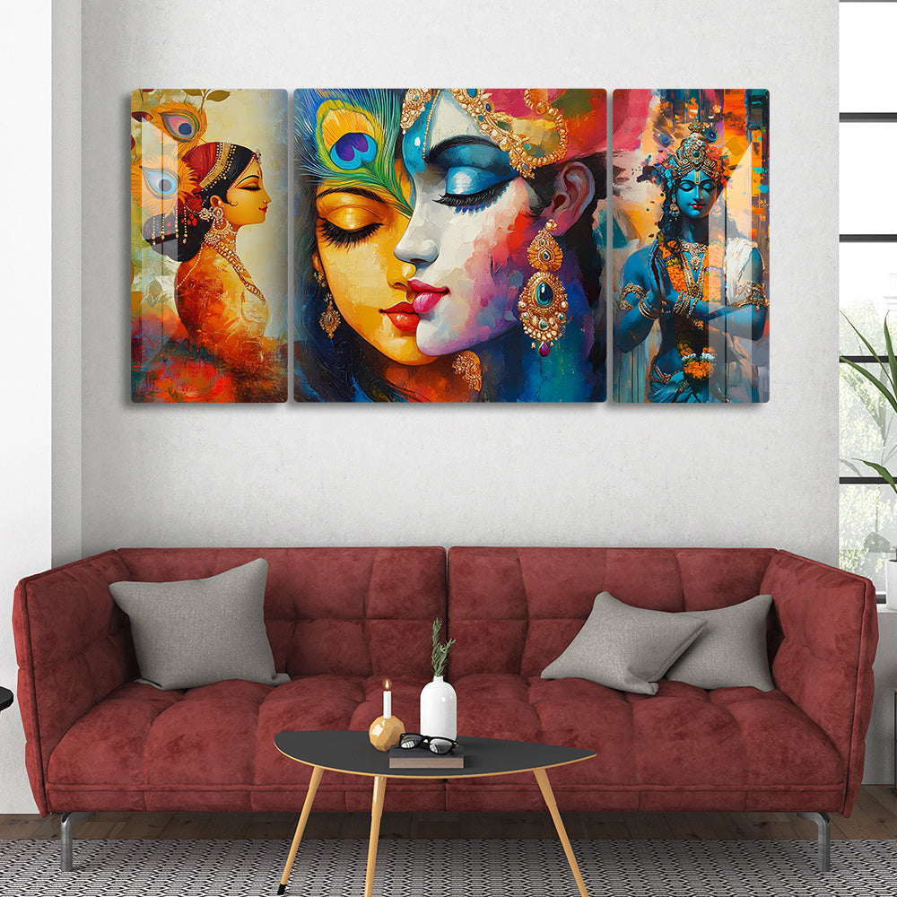 Radha Krishna Prayer Pose Set of 3 Acrylic Wall Art Modern Spiritual Painting