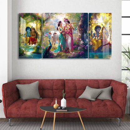 Radha Krishna Wall Art Set of 3 | Traditional Hindu God Painting with Cow, Peacock & Vrindavan