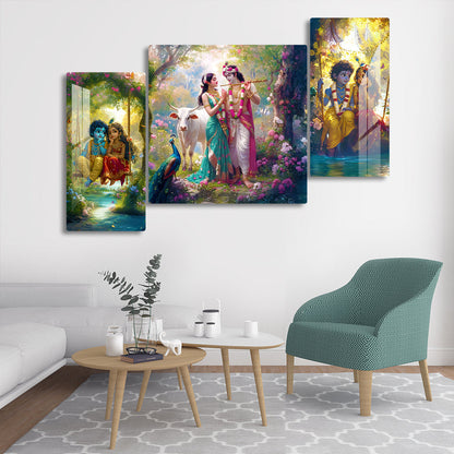 Radha Krishna Wall Art Set of 3 | Traditional Hindu God Painting with Cow, Peacock & Vrindavan