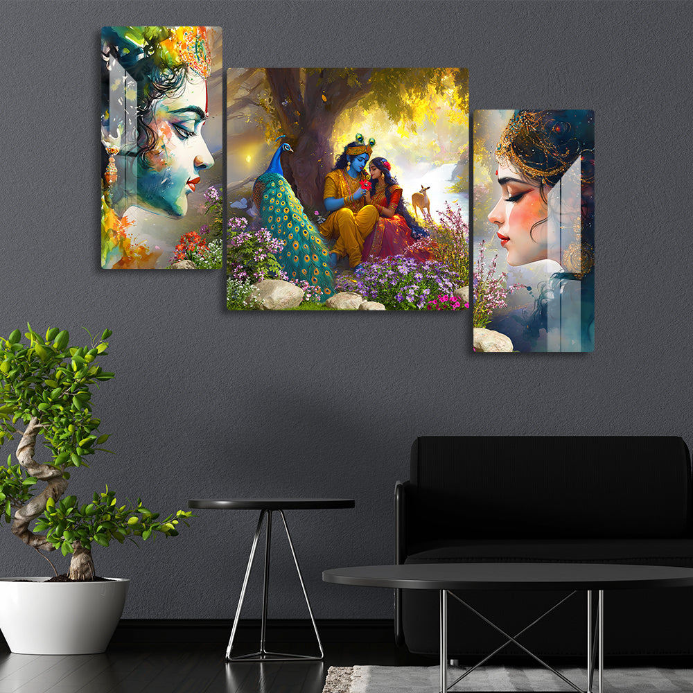 Radha Krishna Wall Painting Set of 3 – Wall Art with Peacock & Nature for Home Decor Living Room, Bedroom & Pooja Room