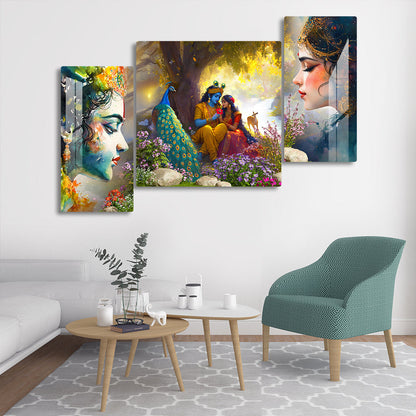 Radha Krishna Wall Painting Set of 3 – Wall Art with Peacock & Nature for Home Decor Living Room, Bedroom & Pooja Room