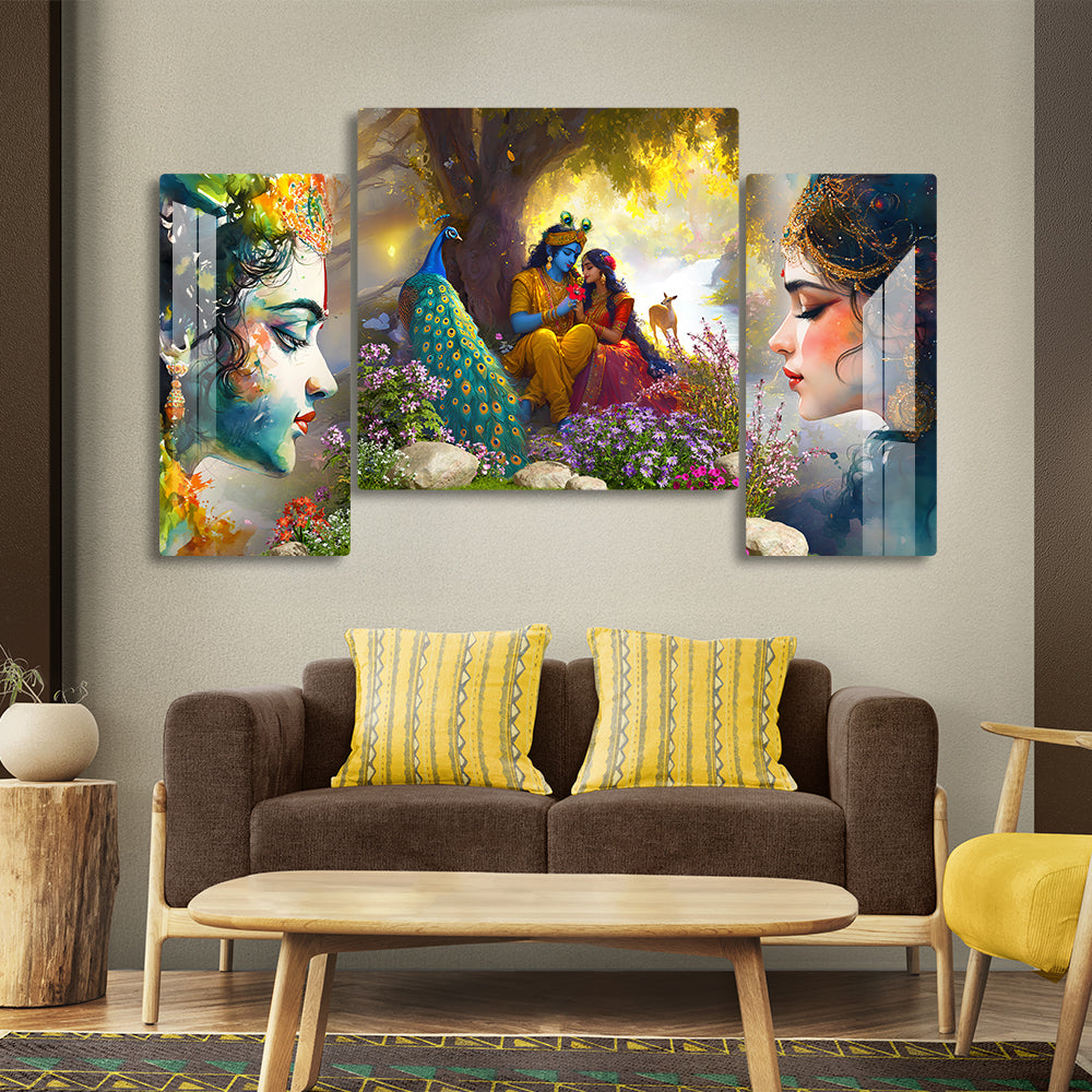 Radha Krishna wall art Hindu god painting Spiritual wall decor Meditation room art Radha Krishna with peacock painting Radha Krishna love story art