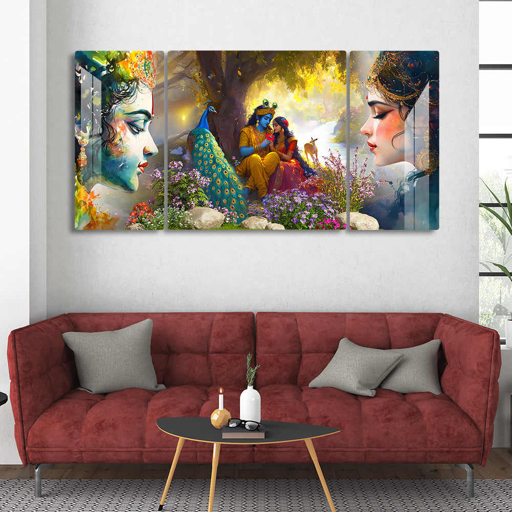 Radha Krishna Wall Painting Set of 3 – Wall Art with Peacock & Nature for Home Decor Living Room, Bedroom & Pooja Room