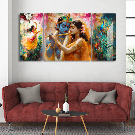 Radha Krishna wall art Hindu god painting Spiritual wall decor Meditation room art Radha Krishna with peacock painting Radha Krishna love story art