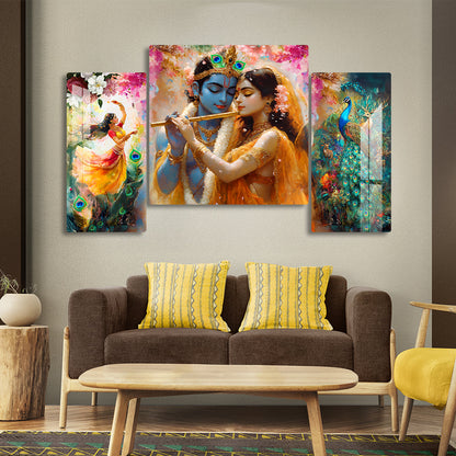 Premium Radha Krishna Acrylic Wall Art Set of 3 – Romantic Painting with Flute, Dancing Radha & Peacock