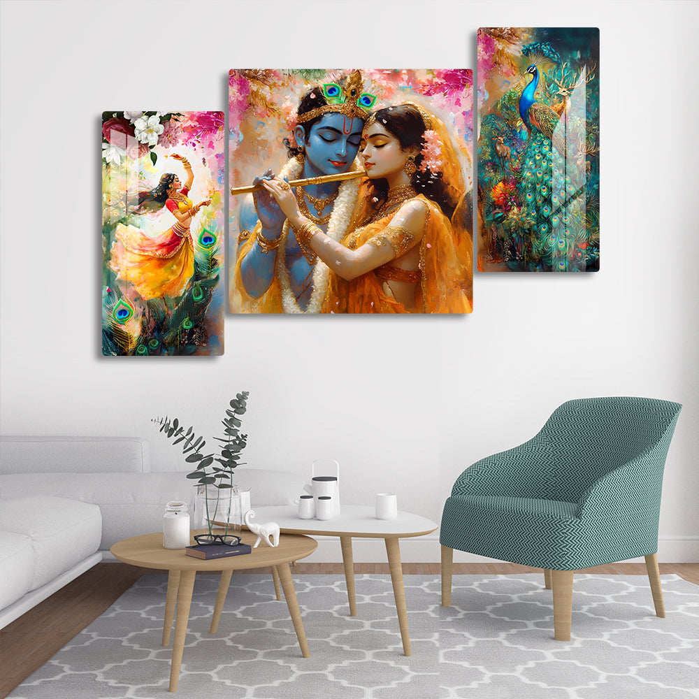 Premium Radha Krishna Acrylic Wall Art Set of 3 – Romantic Painting with Flute, Dancing Radha & Peacock
