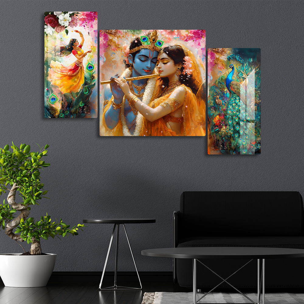 Premium Radha Krishna Acrylic Wall Art Set of 3 – Romantic Painting with Flute, Dancing Radha & Peacock