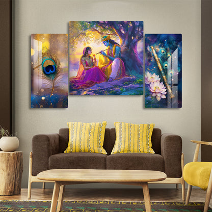 Luxury Radha Krishna Wall Art Set of 3 Glass Finishing Acrylic Painting with Flute, Lotus & Peacock Feather | Home Decor, Living Room & Gift Purpose