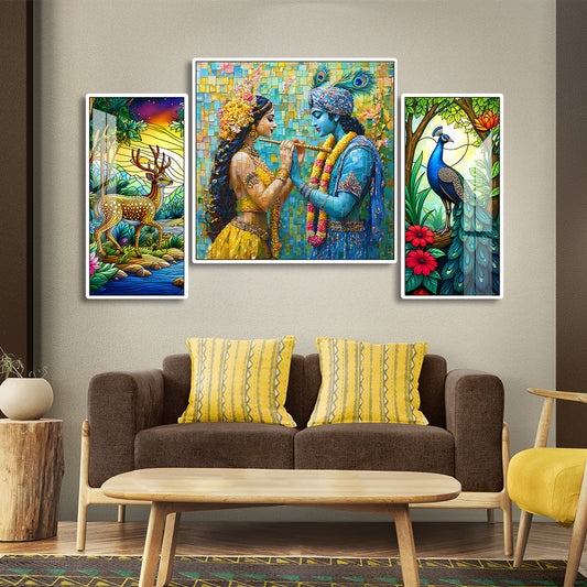 Radha Krishna wall art Hindu god painting Spiritual wall decor Meditation room art Radha Krishna with peacock painting Radha Krishna love story art