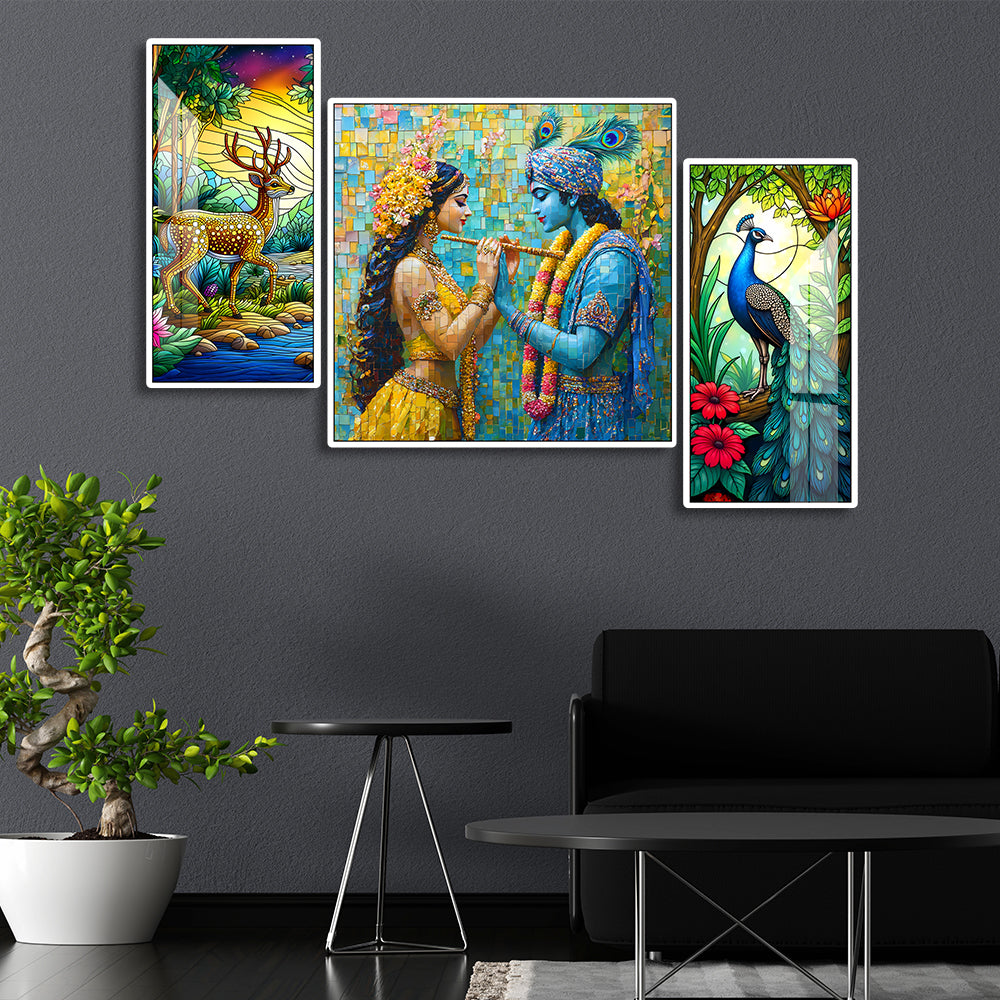 Radha Krishna Acrylic Wall Art Piece of 3 - Divine Love with Deer & Peacock - Hindu God & Goddess Decor - Spiritual Artwork for Home & Meditation Space
