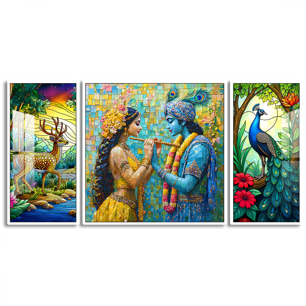 Radha Krishna Acrylic Wall Art Piece of 3 - Divine Love with Deer & Peacock - Hindu God & Goddess Decor - Spiritual Artwork for Home & Meditation Space