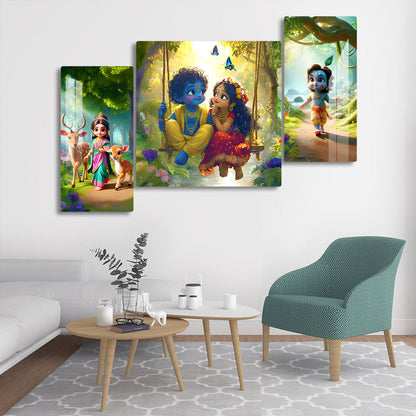 Premium Radha Krishna Acrylic Cartoon Wall Art | Modern Glossy Finishing Painting | 3 Panel Hindu God for Living Room, Puja Room