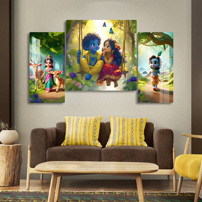 Premium Radha Krishna Acrylic Cartoon Wall Art | Modern Glossy Finishing Painting | 3 Panel Hindu God for Living Room, Puja Room