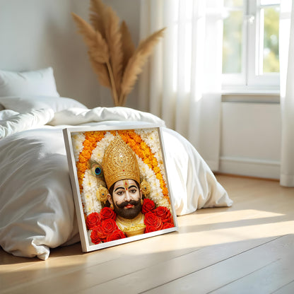 Khatu Shyam Ji Wall Art | Spiritual Acrylic Painting with White Frame | Hindu God Portrait for Pooja Room, Home Temple.