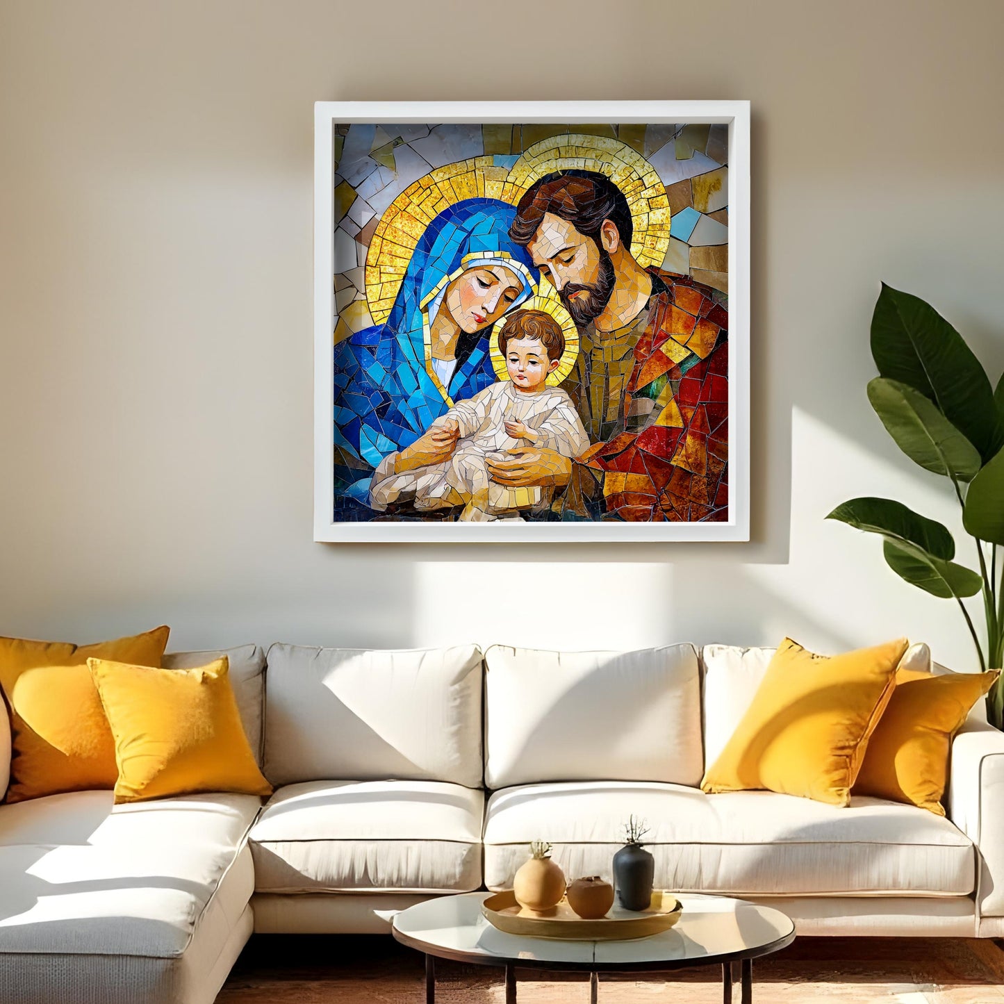 Premium Mary Joseph, Jesus & Dove Acrylic Wall Painting with Frame Premium Religious Wall Art for Living Room, Bedroom, Church & Sacred Spaces