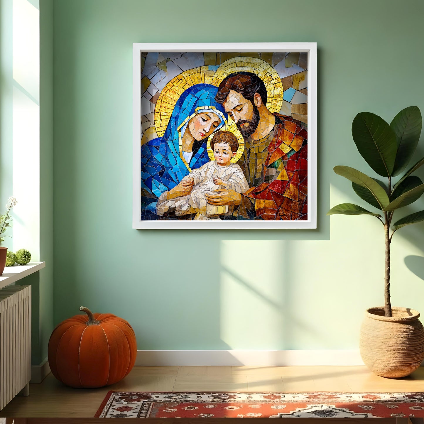 Premium Mary Joseph, Jesus & Dove Acrylic Wall Painting with Frame Premium Religious Wall Art for Living Room, Bedroom, Church & Sacred Spaces