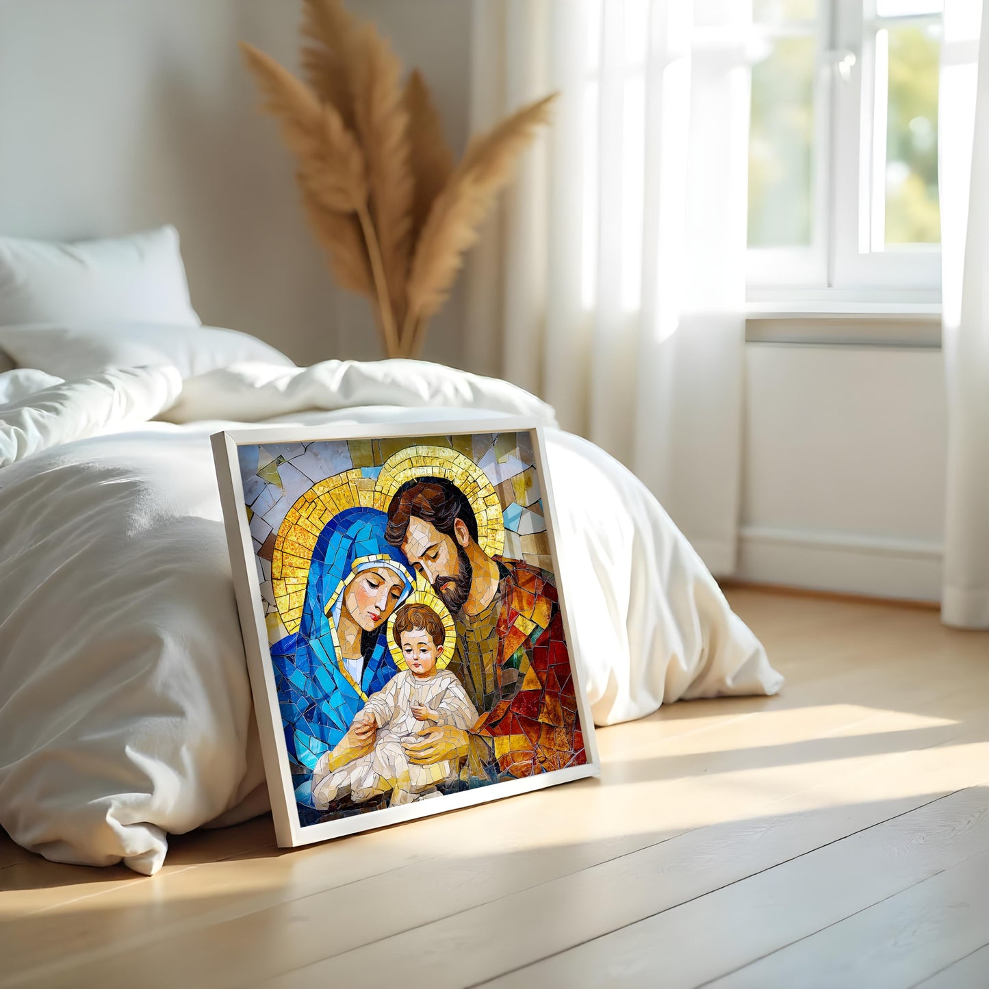 Premium Mary Joseph, Jesus & Dove Acrylic Wall Painting with Frame Premium Religious Wall Art for Living Room, Bedroom, Church & Sacred Spaces