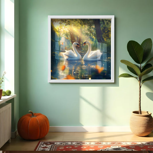 Swan wall painting Waterfall wall painting Framed nature wall decor Home decor wall painting Living room nature wall art Swan lotus waterfall wall frame Waterfall art for living room Peaceful wall painting gift