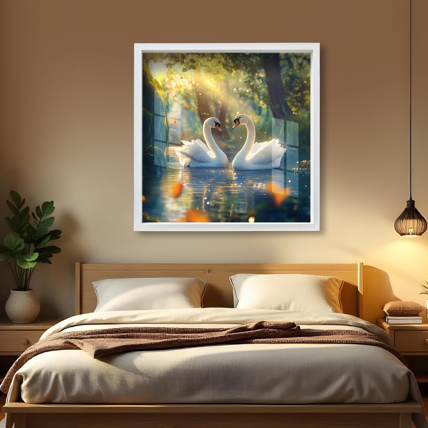 Swans Lotus Waterfall Acrylic Wall Painting with Frame Piece Nature-Inspired Wall Art for Home & Living Room Decor