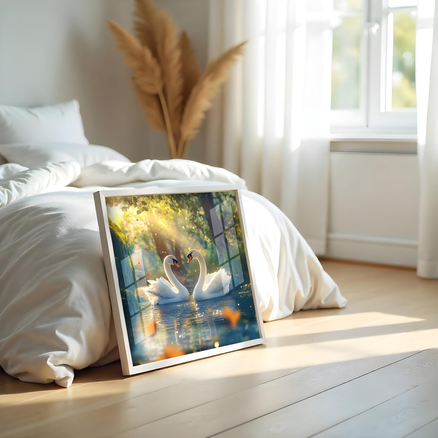 Swans Lotus Waterfall Acrylic Wall Painting with Frame Piece Nature-Inspired Wall Art for Home & Living Room Decor