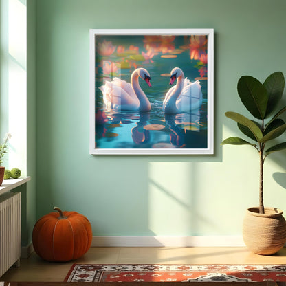 Swan Couple Lotus Acrylic Wall Painting with Frame | Nature-Inspired Vastu Wall Art for Home Decor