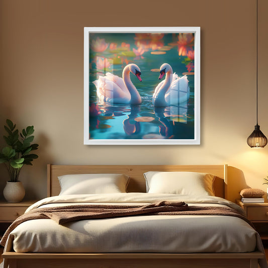 Swan wall painting Waterfall wall painting Framed nature wall decor Home decor wall painting Living room nature wall art Swan lotus waterfall wall frame Waterfall art for living room Peaceful wall painting gift