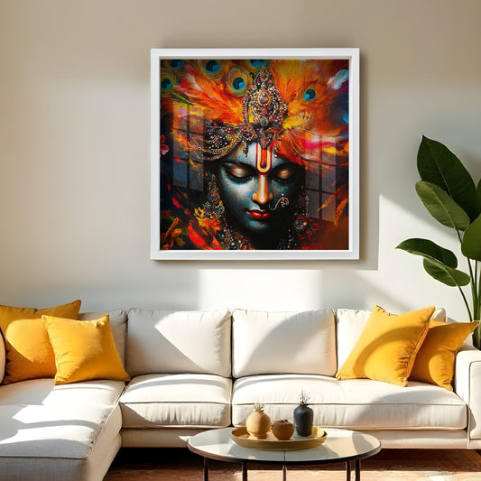 Krishna Wall Art Peacock Feathers | Spiritual Acrylic Painting with Frame | Divine Hindu God Home Temple Decor for Living Room