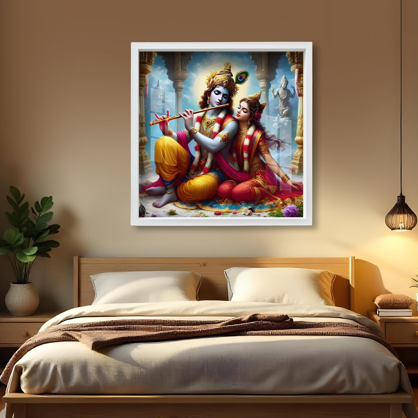 Radha Krishna Wall Art | Romantic Spiritual Acrylic Painting with Frame | Hindu God & Goddess Home Temple Decor