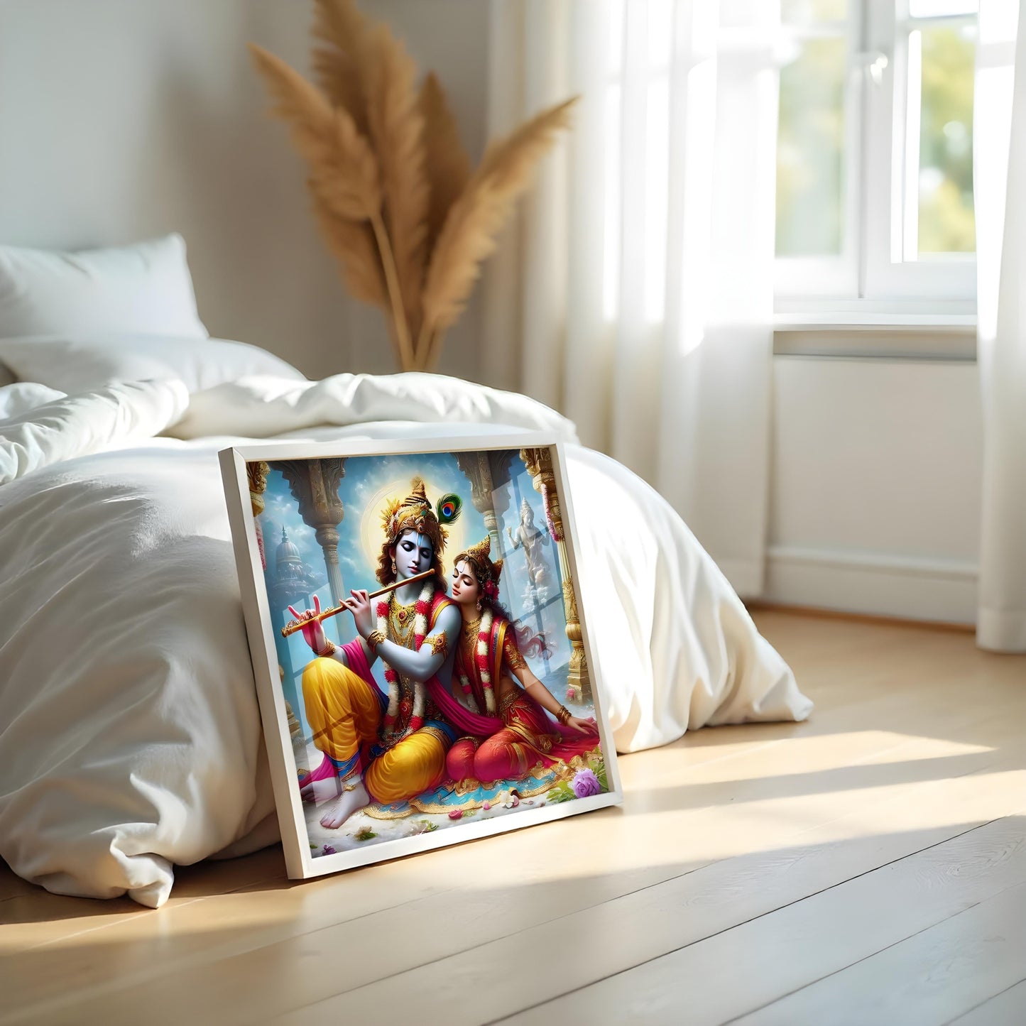 Radha Krishna Wall Art | Romantic Spiritual Acrylic Painting with Frame | Hindu God & Goddess Home Temple Decor