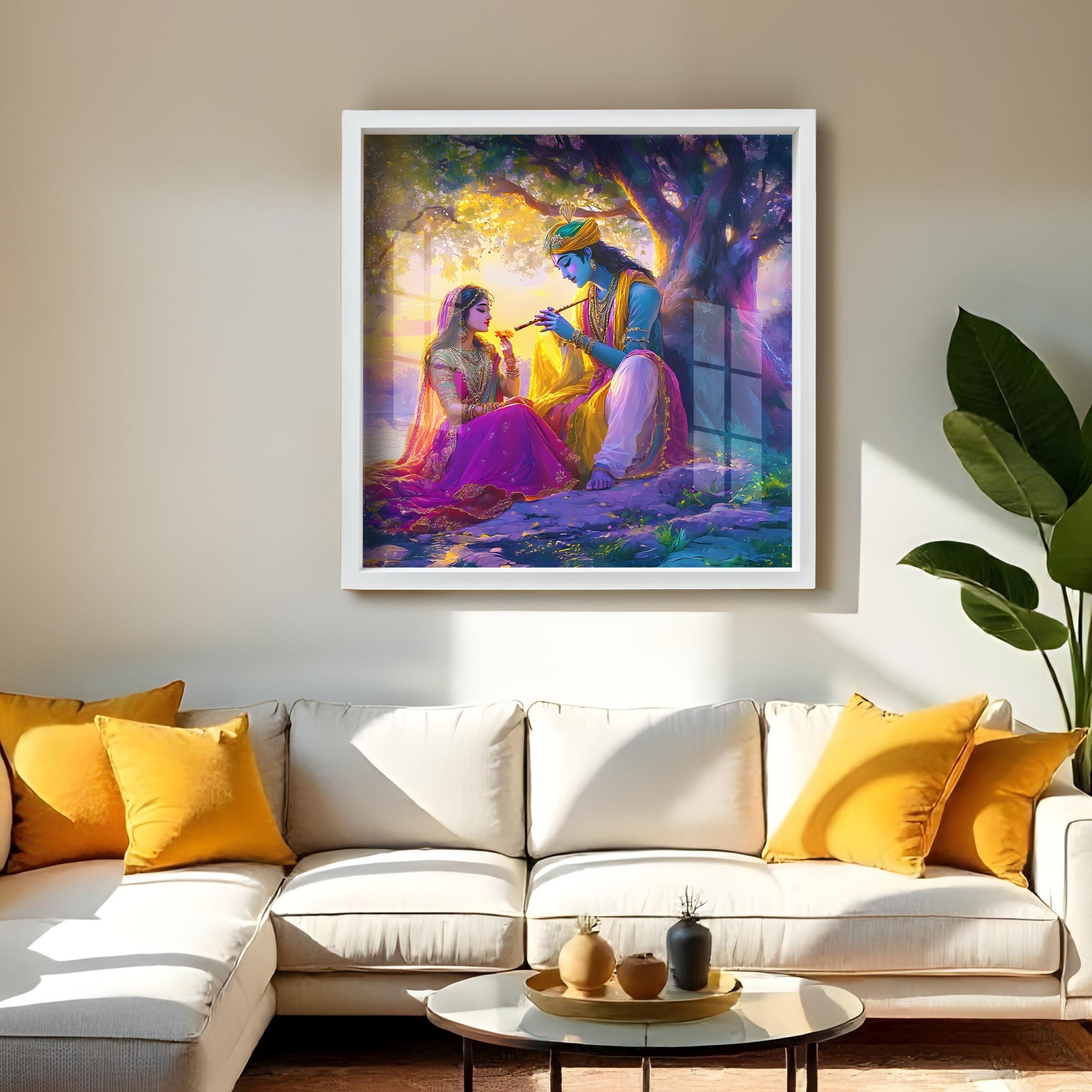 Radha Krishna forest painting Krishna Radha wall art with peacock Hindu god couple acrylic print Romantic spiritual wall decor Krishna wall frame for bedroom