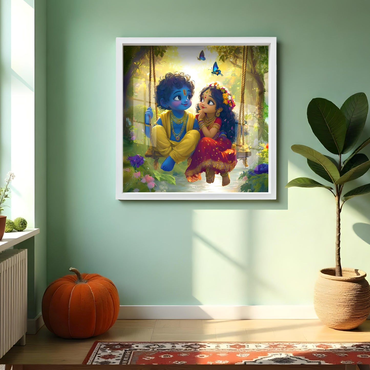 Premium Radha Krishna Acrylic Cartoon Wall Art | Modern Glossy Finishing Painting with Frame God for Living Room, Puja Room
