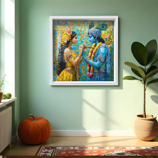 Radha Krishna forest painting Krishna Radha wall art with peacock Hindu god couple acrylic print Romantic spiritual wall decor Krishna wall frame for bedroom