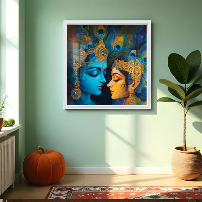 Modern Radha Krishna Love Wall Painting with Frame- Abstract - Vibrant Hindu Spiritual Decor for Contemporary Homes - Trending Indian Art