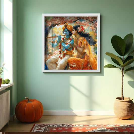 Radha Krishna forest painting Krishna Radha wall art with peacock Hindu god couple acrylic print Romantic spiritual wall decor Krishna wall frame for bedroom