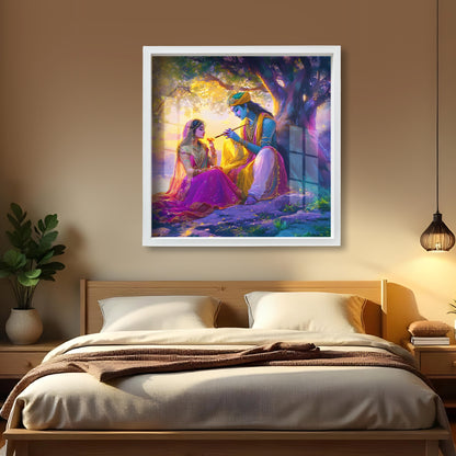 Luxury Radha Krishna Wall Art Frame Glass Finishing Acrylic Painting with Flute, Lotus & Peacock Feather