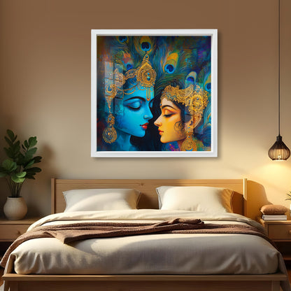 Modern Radha Krishna Love Wall Painting with Frame- Abstract - Vibrant Hindu Spiritual Decor for Contemporary Homes - Trending Indian Art