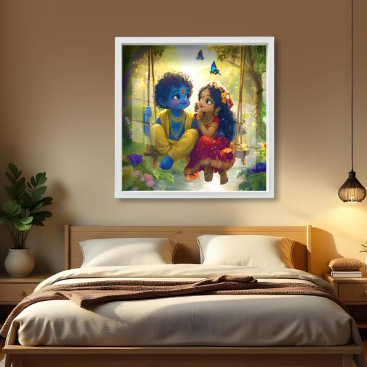 Radha Krishna forest painting Krishna Radha wall art with peacock Hindu god couple acrylic print Romantic spiritual wall decor Krishna wall frame for bedroom