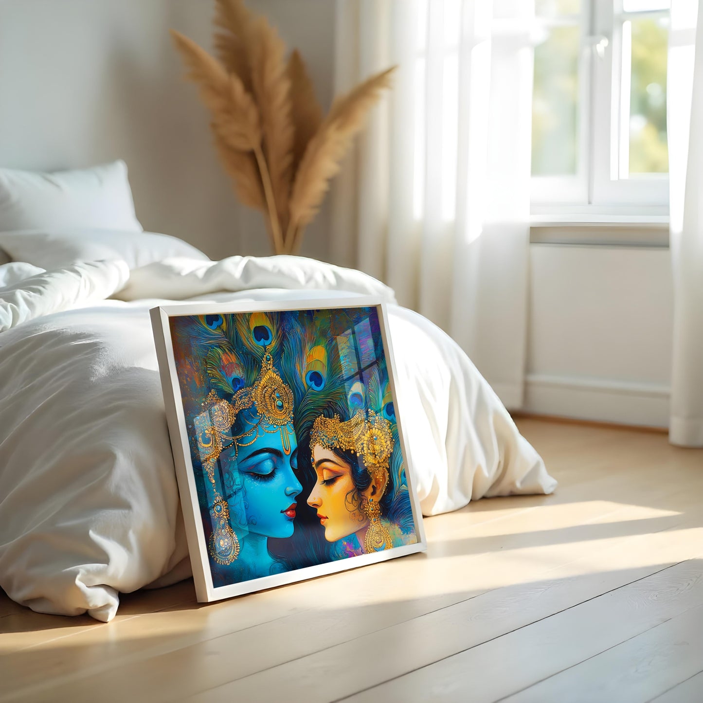 Modern Radha Krishna Love Wall Painting with Frame- Abstract - Vibrant Hindu Spiritual Decor for Contemporary Homes - Trending Indian Art