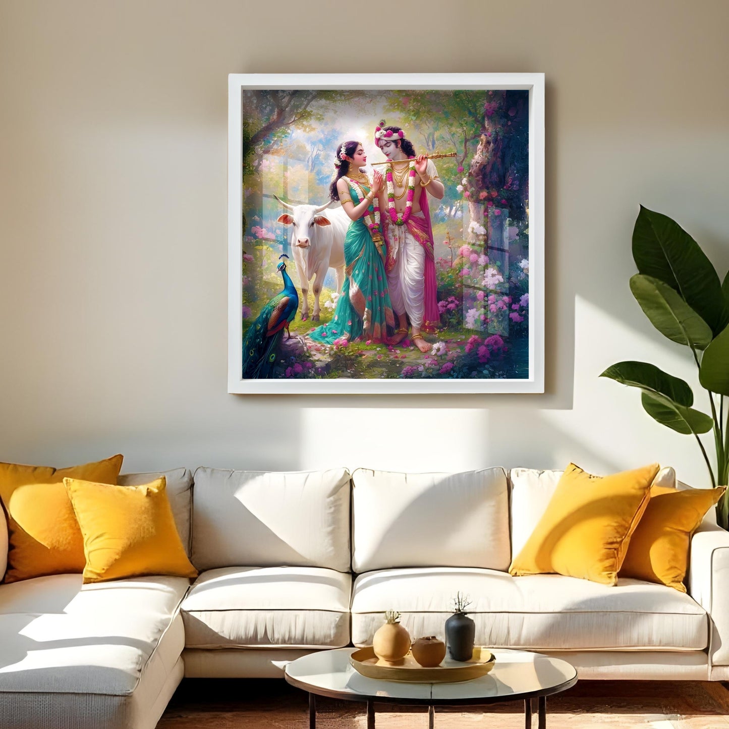 Radha Krishna Vrindavan Wall Art | Spiritual Acrylic Painting with White Frame | Hindu Couple Decor with Cow