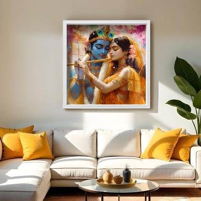 Premium Radha Krishna Acrylic Wall Art with Frame – Romantic Painting with Flute