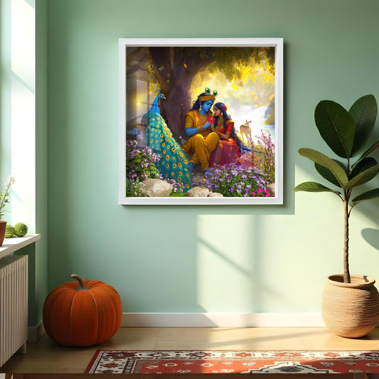 Radha Krishna forest painting Krishna Radha wall art with peacock Hindu god couple acrylic print Romantic spiritual wall decor Krishna wall frame for bedroom