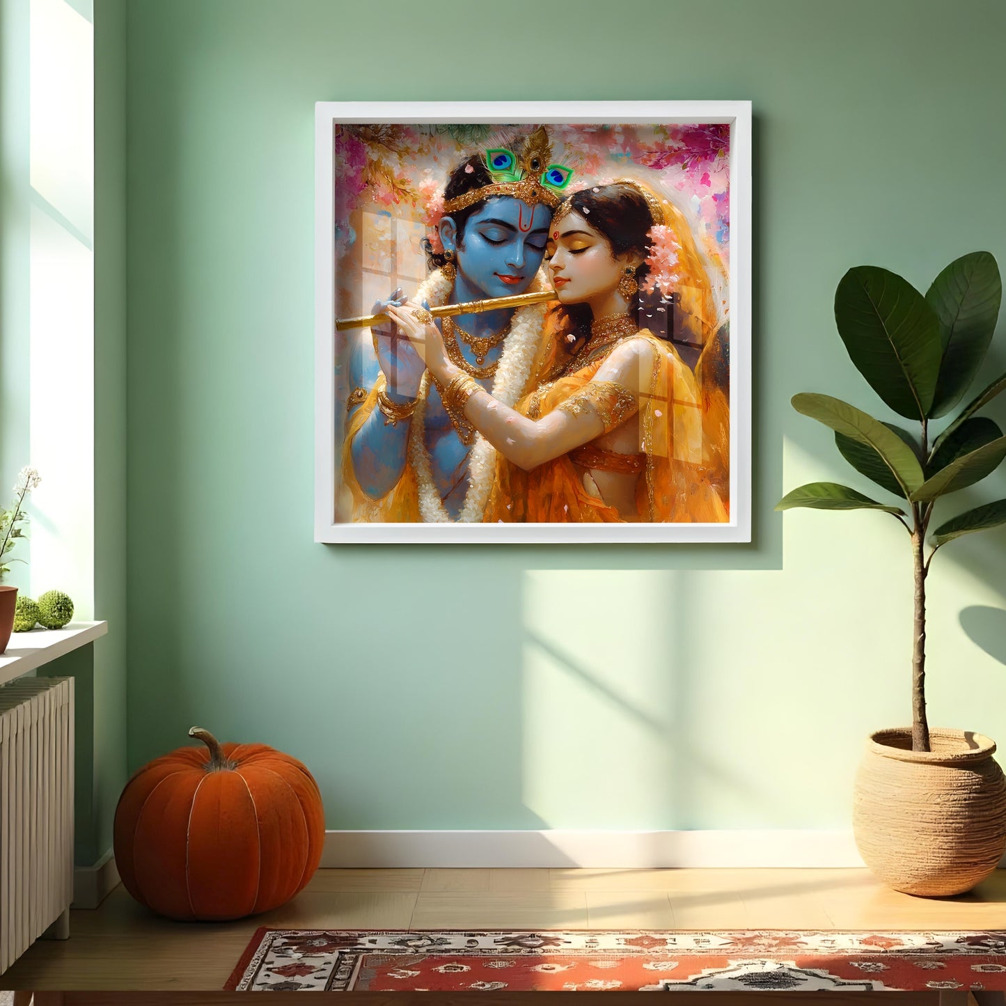 Premium Radha Krishna Acrylic Wall Art with Frame – Romantic Painting with Flute