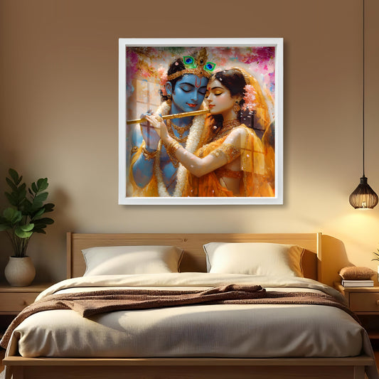 Radha Krishna forest painting Krishna Radha wall art with peacock Hindu god couple acrylic print Romantic spiritual wall decor Krishna wall frame for bedroom