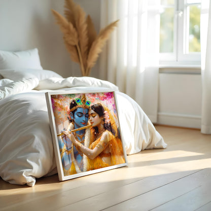 Premium Radha Krishna Acrylic Wall Art with Frame – Romantic Painting with Flute