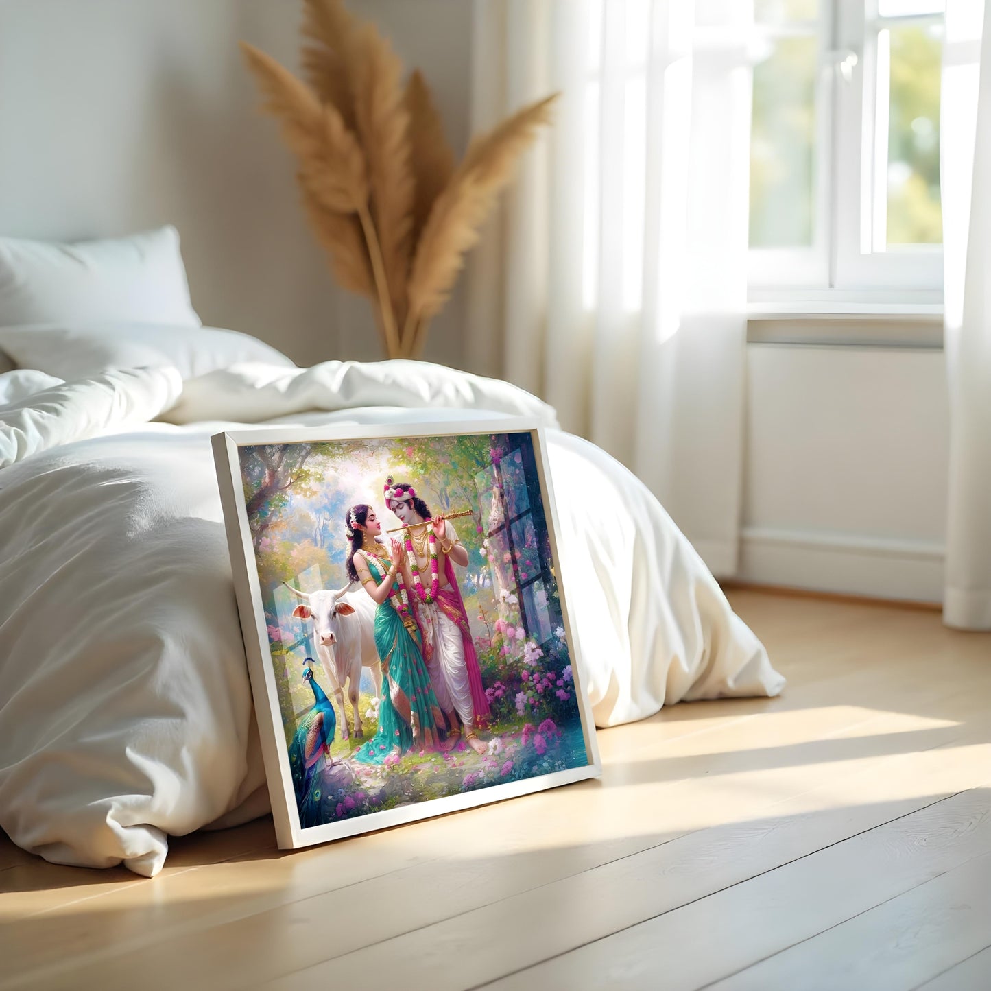 Radha Krishna Vrindavan Wall Art | Spiritual Acrylic Painting with White Frame | Hindu Couple Decor with Cow