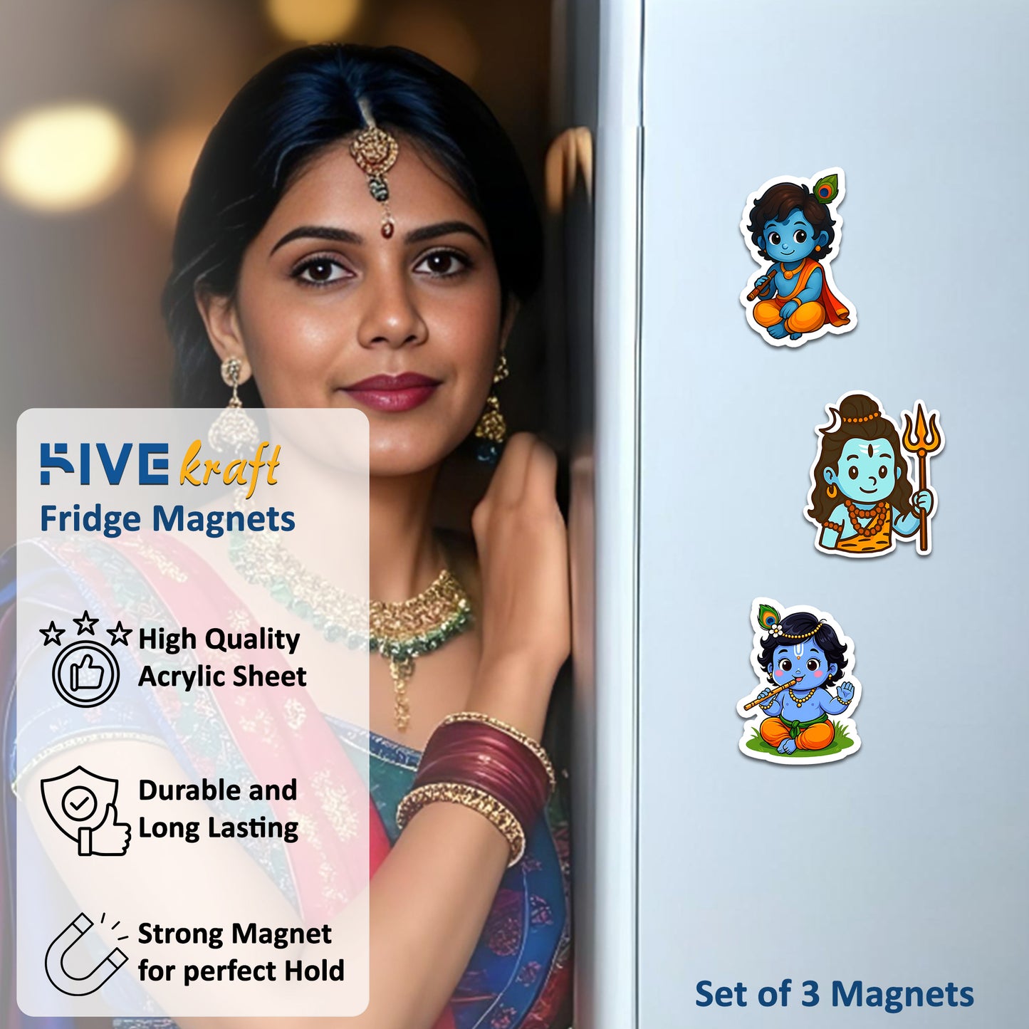 Cute Krishna Shiva Fridge Magnets | 3x3 inch 3mm | Cartoon Hindu God Magnets for Refrigerator, Office, Locker | Decorative Magnetic Stickers for Home & Gifting | Set of 3