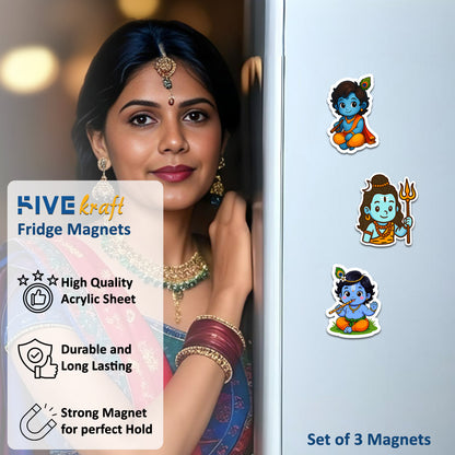 Cute Krishna Shiva Fridge Magnets | 3x3 inch 3mm | Cartoon Hindu God Magnets for Refrigerator, Office, Locker | Decorative Magnetic Stickers for Home & Gifting | Set of 3