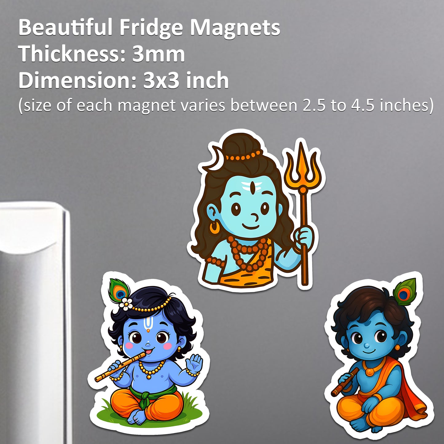 Cute Krishna Shiva Fridge Magnets | 3x3 inch 3mm | Cartoon Hindu God Magnets for Refrigerator, Office, Locker | Decorative Magnetic Stickers for Home & Gifting | Set of 3