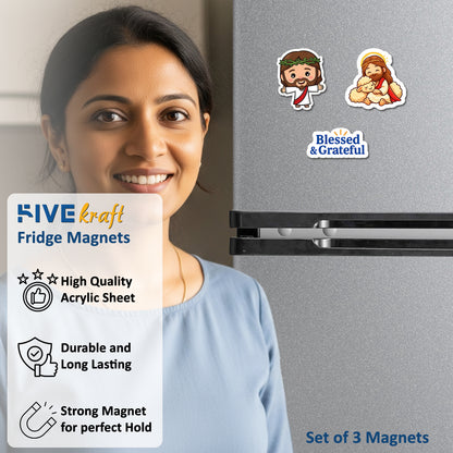 Cute Jesus & Blessed & Grateful Fridge Magnets | Set of 3 Acrylic Christian Refrigerator Magnets | Inspirational Faith Home Decor & Gift Set | 4x3 Inch