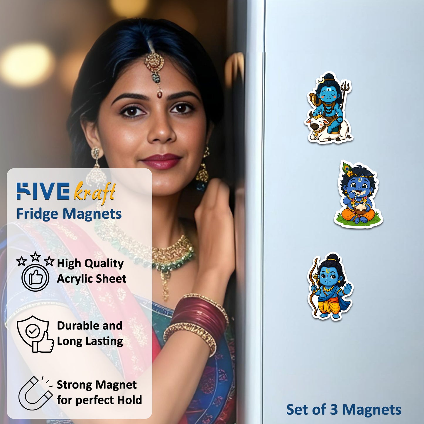 Hindu God Magnets 3x3 Inch | Little Krishna, Ram & Shiva Cartoon for Refrigerator, Office, Locker | Decorative Magnetic Stickers for Home & Gifting | Set of 3